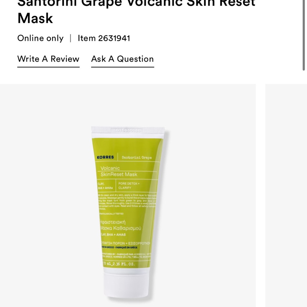 NEW KORRES Santorini Grape Volcanic Skin Reset Clay Face Mask